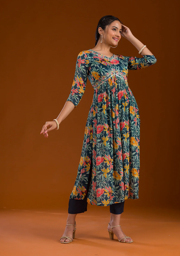 Navy Blue Chiffon Readymade Salwar Suit with Intricate Threadwork