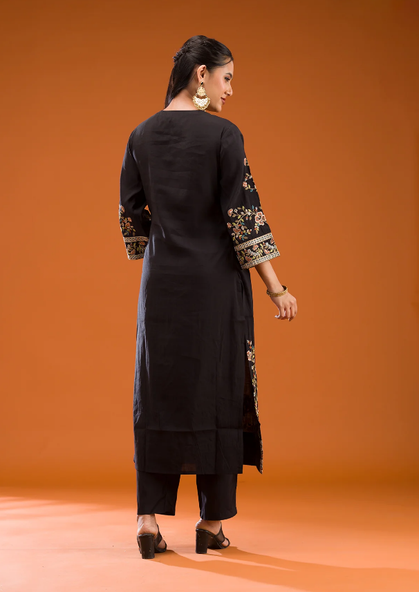 Black Semi Crepe Readymade Salwar Suit with Elegant Threadwork