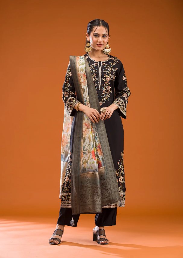 Black Semi Crepe Readymade Salwar Suit with Elegant Threadwork