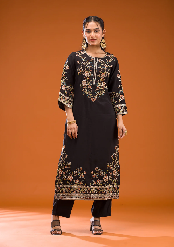 Black Semi Crepe Readymade Salwar Suit with Elegant Threadwork