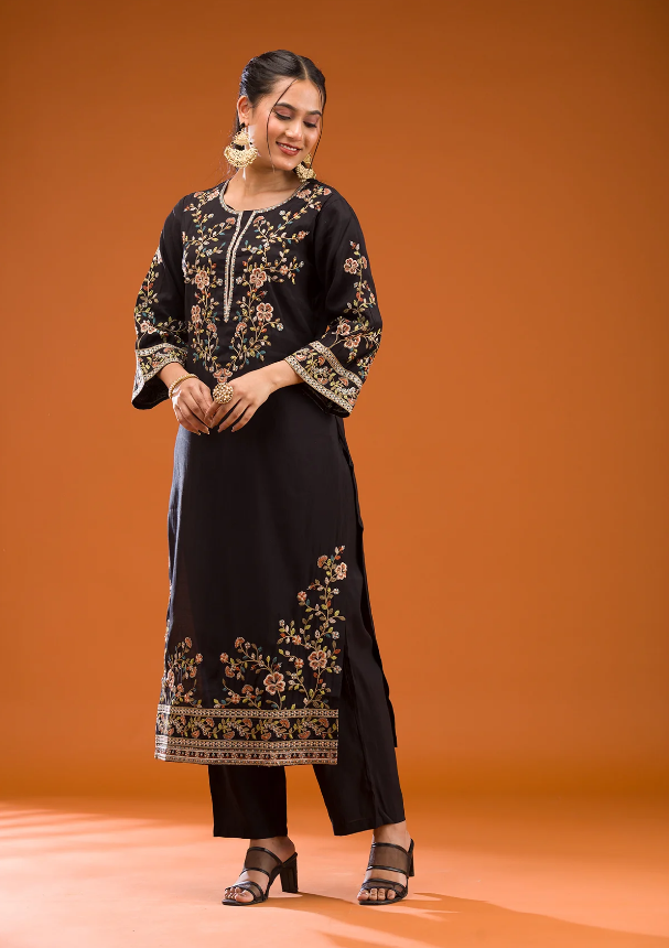 Black Semi Crepe Readymade Salwar Suit with Elegant Threadwork