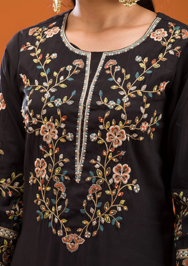 Black Semi Crepe Readymade Salwar Suit with Elegant Threadwork
