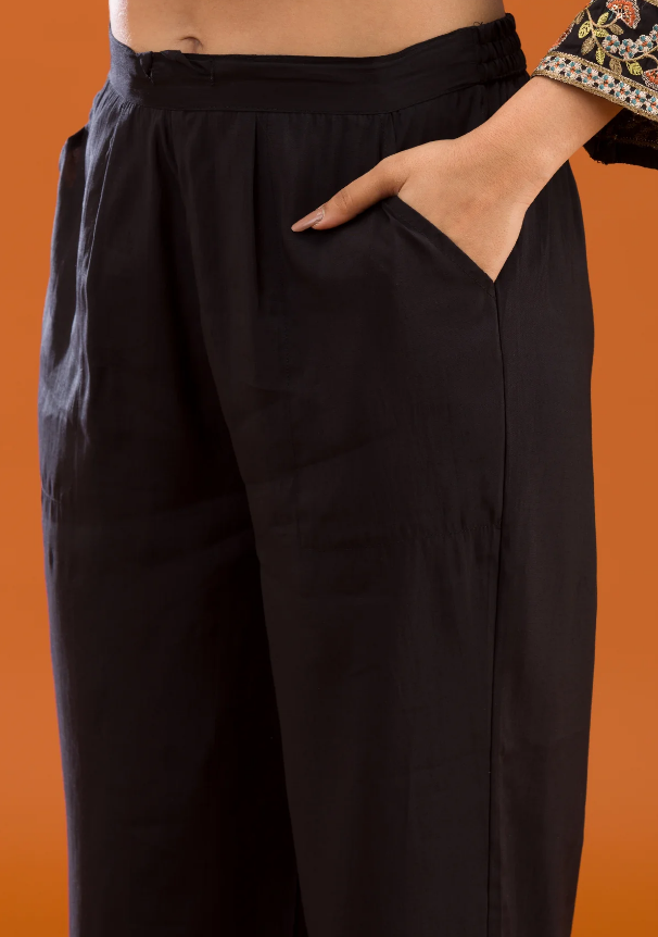 Black Semi Crepe Readymade Salwar Suit with Elegant Threadwork