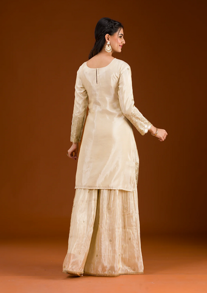 Cream Tissue Readymade Salwar Suit with Zari Embroidery
