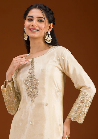 Cream Tissue Readymade Salwar Suit with Zari Embroidery