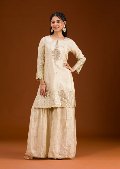 Cream Tissue Readymade Salwar Suit with Zari Embroidery