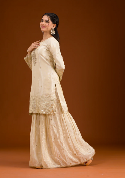 Cream Tissue Readymade Salwar Suit with Zari Embroidery