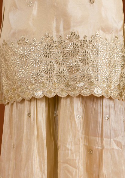 Cream Tissue Readymade Salwar Suit with Zari Embroidery