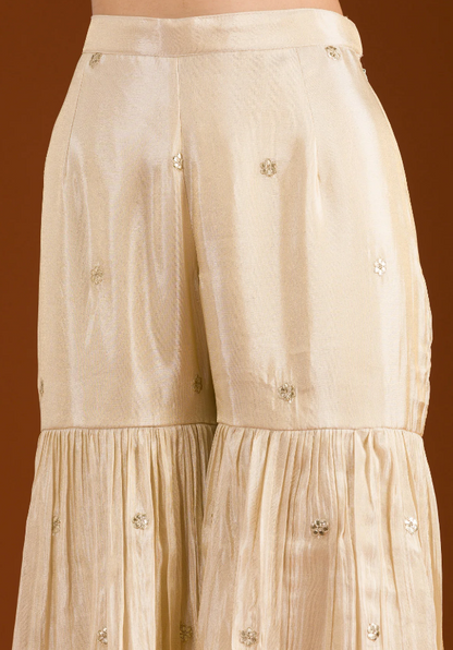 Cream Tissue Readymade Salwar Suit with Zari Embroidery