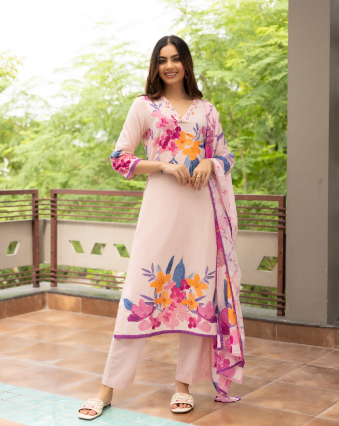 Soft Pink Floral Suit Set – Feminine & Graceful