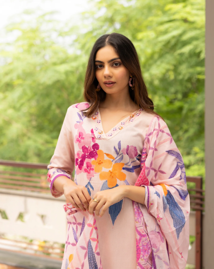 Soft Pink Floral Suit Set – Feminine & Graceful
