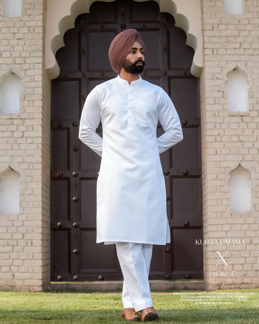 Punjabi Kurta Pajama | White Cotton with Wrinkle free Fabric